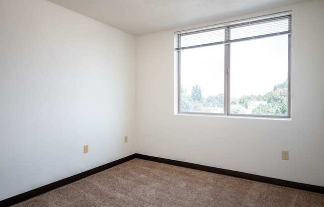 an empty room with a large window and carpet