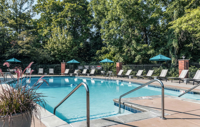 a swimming pool with chairs and trees in the background