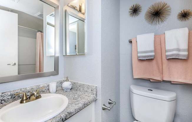 A bathroom with a sink, toilet, and mirror.