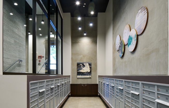 Convenient indoor mail room with self-service package lockers.