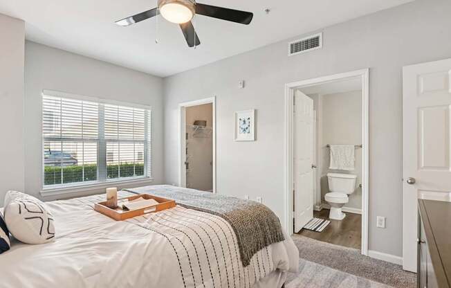 A bedroom with a bed, a ceiling fan, and a bathroom visible through an open door.