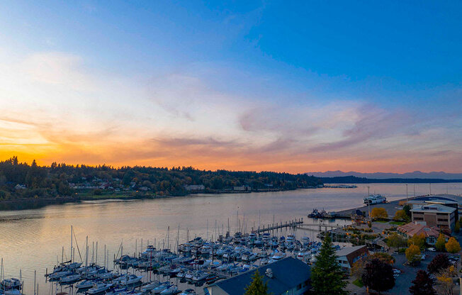 Enjoy sweeping views from the rooftop patio at Harbor Heights 55+ Community, Olympia, WA