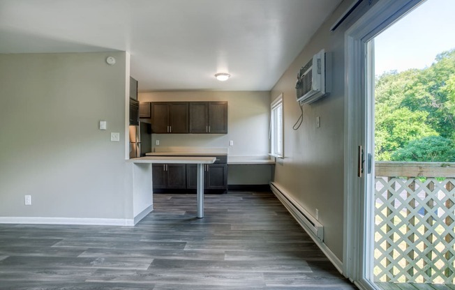 a kitchen and dining space
