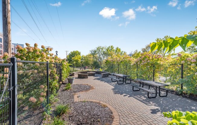 a park with benches and a fence and trees