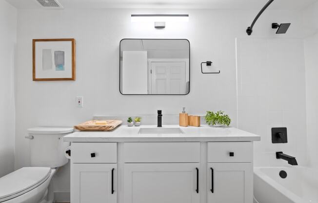 a white bathroom with a sink and a toilet and a mirror