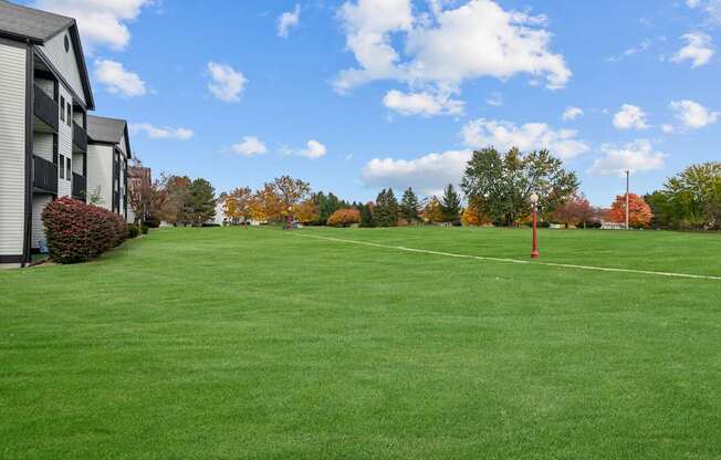 A red flag is in the distance on a grassy field.