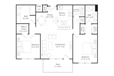 2 beds, 2 baths, 1,195 sqft, $1,465