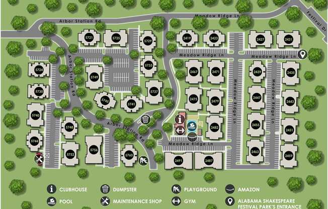 A map of a residential area with a clubhouse, dumpster, playground, pool, maintenance shop, and gym.