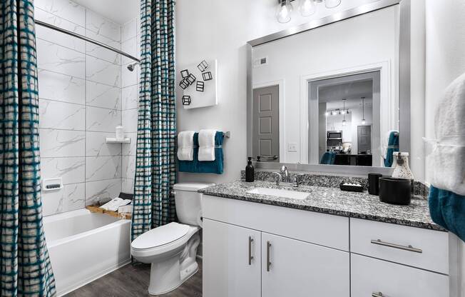 Upgraded bathroom with granite countertops and Roman soaking tub at Cyan Craig Ranch apartments for rent in McKinney, TX
