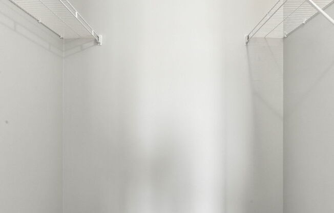 A room with a carpeted floor and two white shelves.