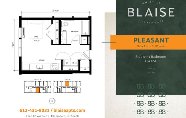 Studio, 1 bath, 434 sqft, $1,025, Unit 406