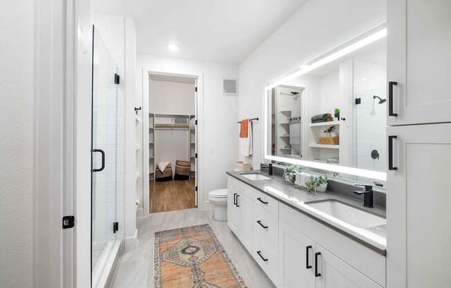 a bathroom with a sink and a mirror and a shower