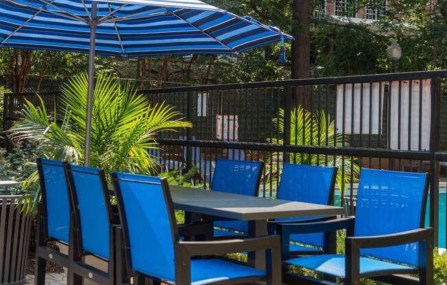 a table and chairs with an umbrella on a patio