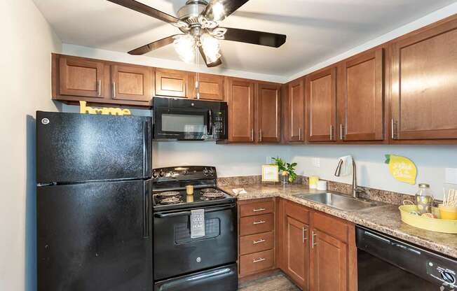 A kitchen with a black fridge and stove.