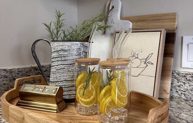 a wooden shelf with glasses on it on a kitchen counter