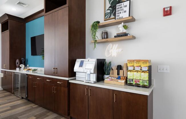 a kitchen with a counter and a counter top with food on it