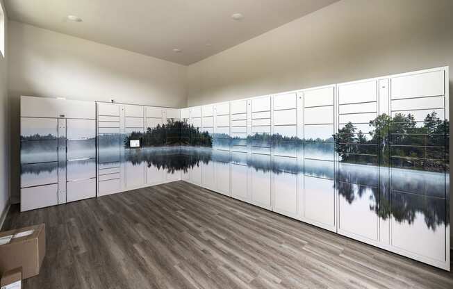 a large pool of water in a room with wood floors