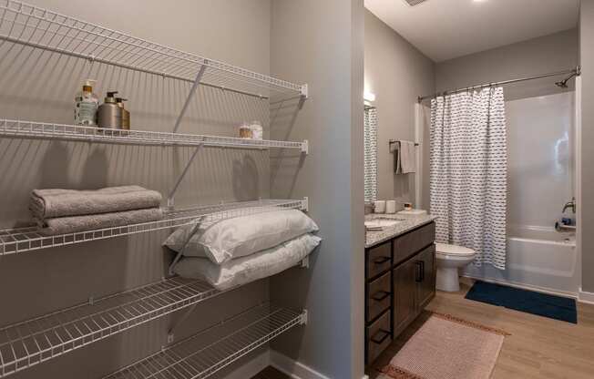 plenty of closet space in the bathroom at the flats at big tex apartments in san anton