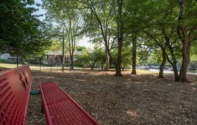 a red bench in a park with trees