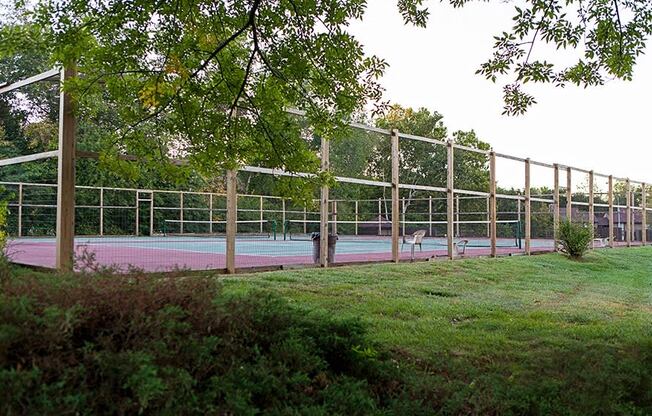 a tennis court in the middle of a field with trees