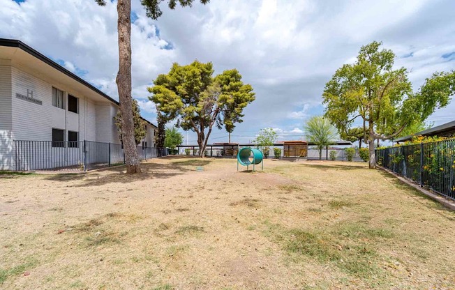 A backyard with a tree, a fence, and a playground.