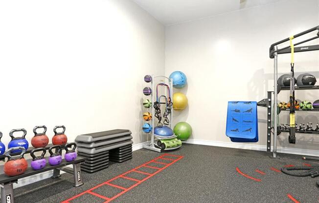 Medicine balls and yoga balls area in gym