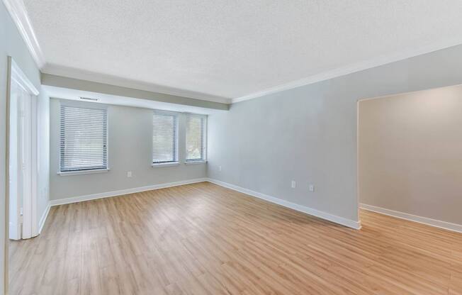 A room with wooden flooring and a window with blinds.