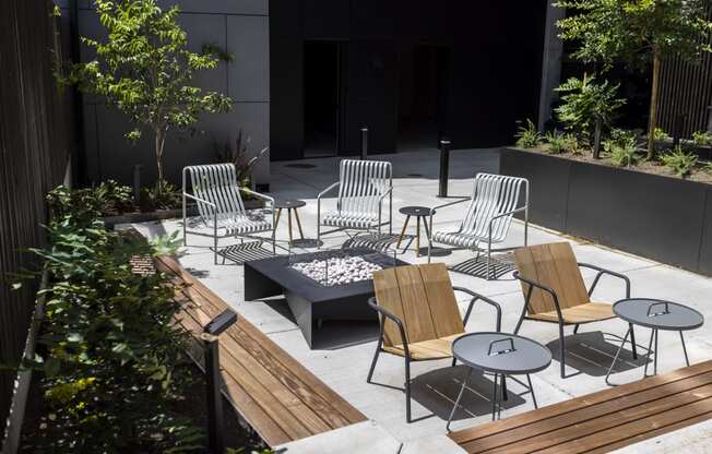 a group of chairs and tables around a fire pit on a patio at Analog PDX, Oregon