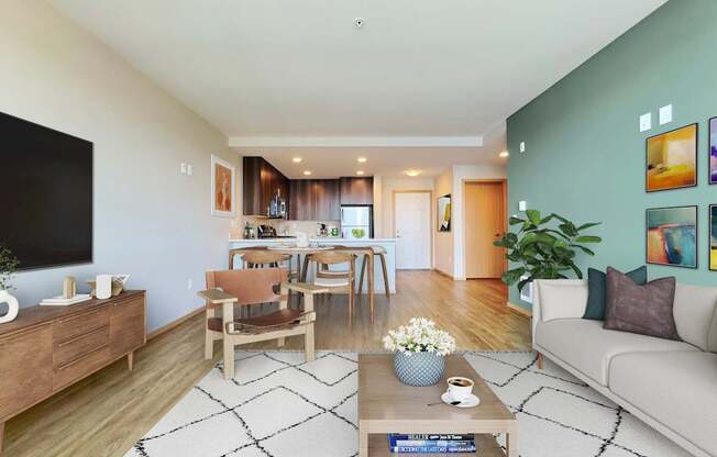a living room with a couch and a table at Spyglass Hill Apartments, Bremerton, 98337