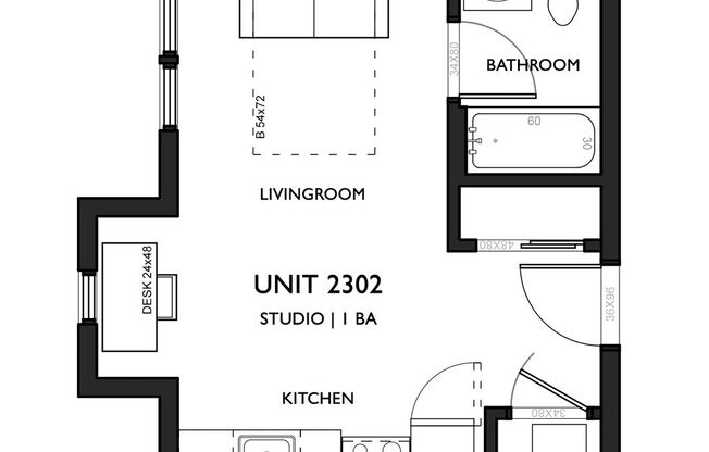 Studio, 1 bath, 362 sqft, $1,199, Unit 2-302