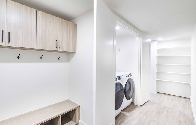 Discover convenience redefined at Modera Golden Triangle. Enjoy built-in storage and shelving solutions alongside the convenience of an in-home, full-size washer and dryer.