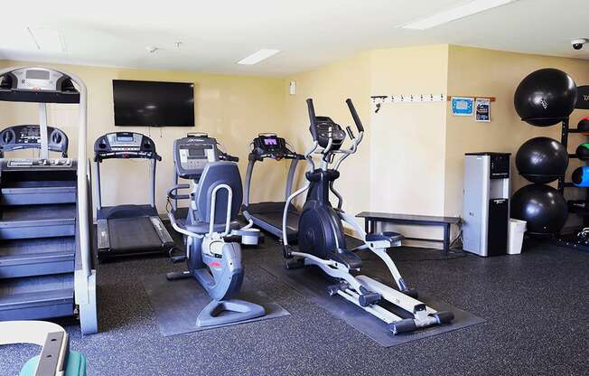 A gym with a variety of equipment including treadmills, exercise bikes, and weights.