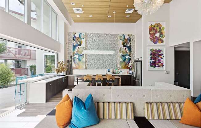 A living room with a couch and a table.