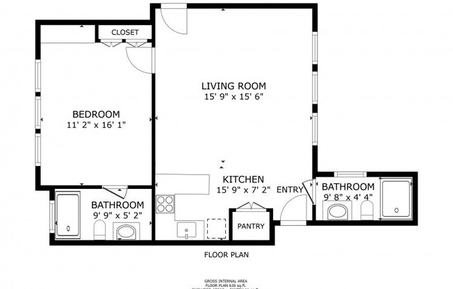 1 bed, 2 baths, 641 sqft, $2,550, Unit 1