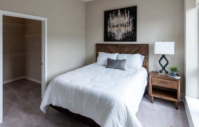 a bedroom with a large bed and a closet