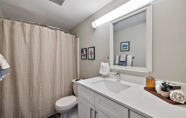 a bathroom with a white sink and toilet and a shower at Town & Country Apartments - Wixom, MI, Michigan