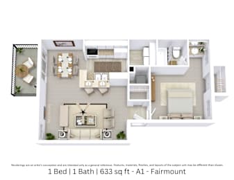 1 bed, 1 bath, 633 sqft, $735