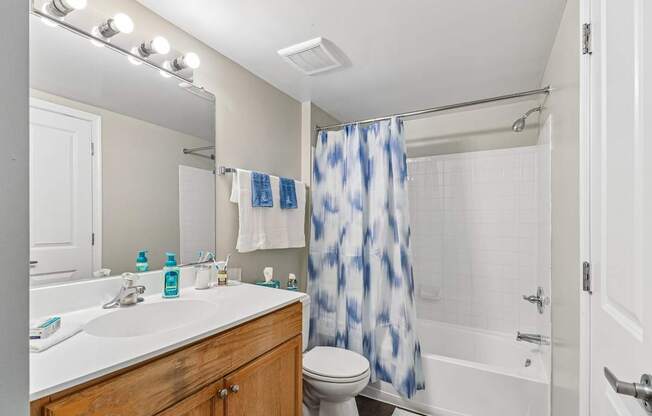 A bathroom with a white sink, toilet, and a blue and white shower curtain.