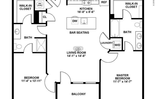 2 beds, 2 baths, 952 sqft, $1,525