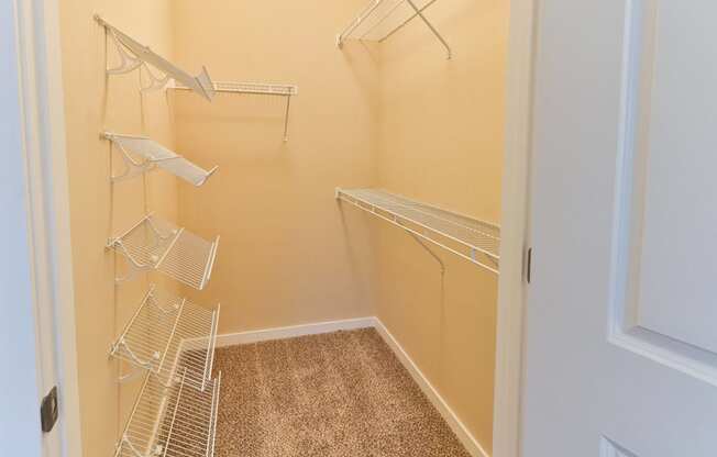 an empty closet with three hanging racks in a closet with a door