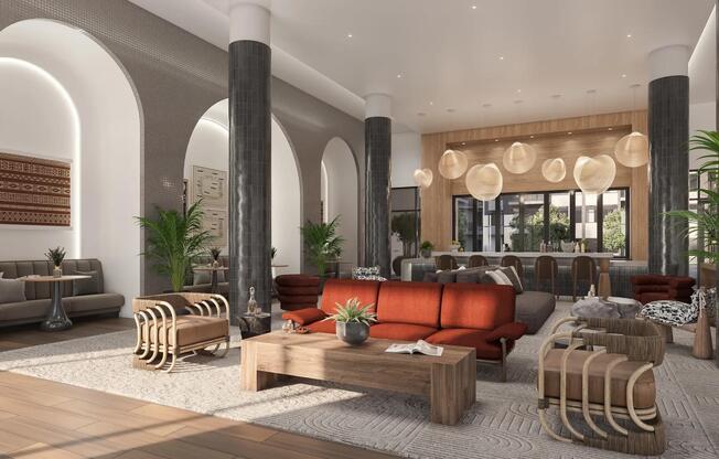 Expansive clubhouse with indoor/outdoor bar, gathering space, and private wine room.