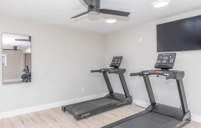 A modern gym space featuring two treadmills facing a mirror and a flat-screen TV mounted on the wall. The room has light-colored walls and wood-style flooring, creating a bright and inviting atmosphere. A ceiling fan is also visible, adding to the comfort of the space.