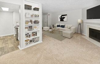 Model living room with tall shelves