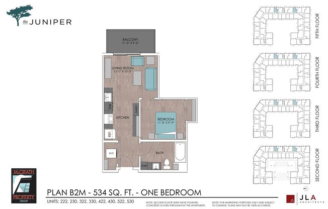 1 bed, 1 bath, 534 sqft, $1,505, Unit 222