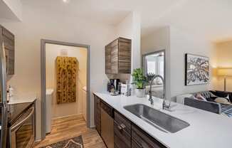 a kitchen with a sink and a door to a living room at Paisley and Pointe Apartments, Las Vegas, 89130