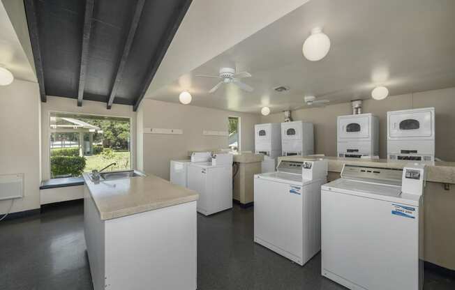 a room with washing machines and a sink