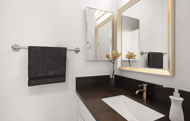 A bathroom with a white sink and a mirror.