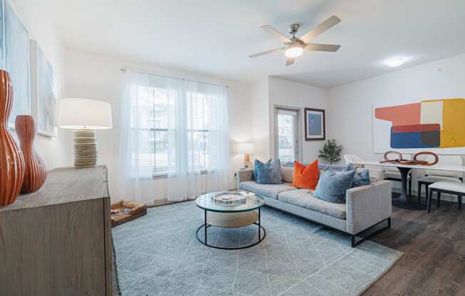 a living room with a couch and a coffee table