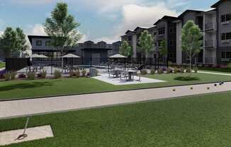 A modern residential area with apartment buildings and a park.