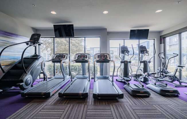 a gym with a variety of cardio equipment and windows